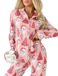 Ecosunny Christmas Santa Pajama Set Women's Long Sleeve Sleepwear Soft Loungewear Two Piece Button Down Pjs Lo