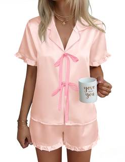 Ekouaer Satin Pajama for Women Short Sleeve Silky Pj Short Sets Lounge Set | Bow Front Tie Up Loungewear Soft 
