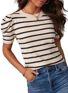 Dokotoo Women's Short Puff Sleeve Tops 2026 Striped Lightweight Sweaters | Trendy,Crewneck, Casual,Business,Kn