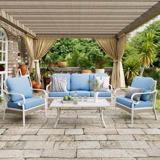 MIXPATIO 4-Piece Metal Outdoor Conversation Set, 5 Seats, Blue/Fixed Chair | Coffee Table, Removable seat cush