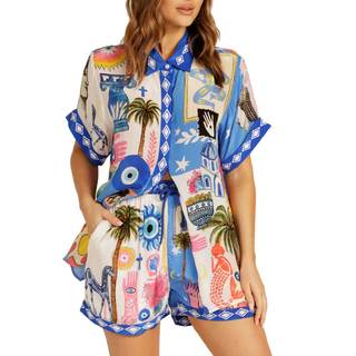 Women's Summer 2 Piece Shorts Set Button Down Short Sleeve Shirt Drawstring Shorts Beach Casual Tracksuit Set 