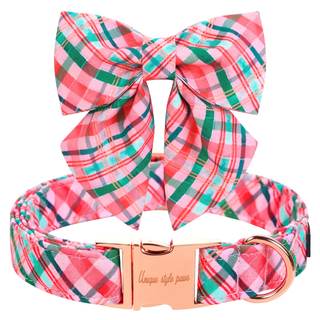 Unique style paws Dog Collar with Tie Pink & Green Plaid Dog Collar Best Gifts for Small Medium Large Dogs -M 