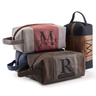 Toiletry Bag for Men Personalized, Laser Engraved Initial & Name on Leather, Custom 4 Canvas Colors - Gift for