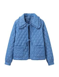 Women's Ruffled Cropped Quilted Jacket Tie-Front Winter | Frilled Peter Pan Collar, Fluffy Lightweight Cotton 