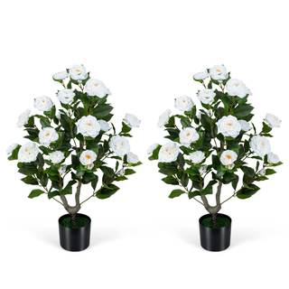 Goplus 35.5’’ Artificial Camellia Tree, Flower Plants Artificial Tree, Faux Floral Plant Blooming Tree in Ceme
