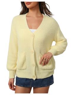 MakeMeChic Women's Fuzzy Cardigan Sweaters Knit Furry Oversized Sweater | Button Down, Long Sleeve, V Neck Sma