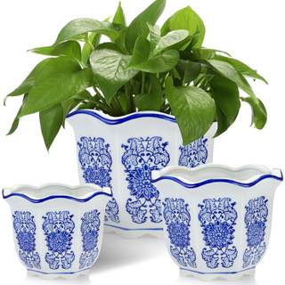 Briwooody Set of 3 Blue and White Porcelain Flower Pots 7.2'' 6'' 4'' Decorative Chinoiserie Plant Pots with D