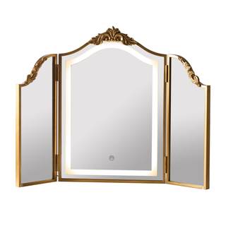 HSDDHOME Antique Gold Triple Fold Makeup Mirror with Tri-Color LED Lighting & Dimming, Baroque Carved Arch Vin