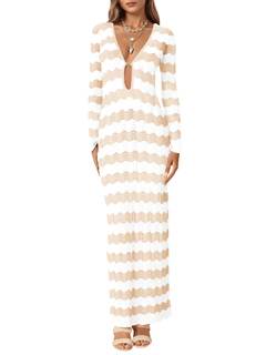 Saodimallsu Womens Crochet Summer Maxi Dress Striped Sexy Cut Out V Neck Long Sleeve Knit Cover Up Beach Dress