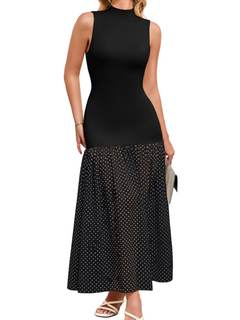 ChiaoLezhee Mock Neck Maxi Dress, Drop Waist Pleated, Semi Formal Date Night, Sleeveless Polka Dot Flowy A Lin