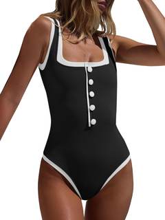 Saodimallsu Womens One Piece Swimsuit Vintage Ribbed Slimming High Cut Color Block Button Square Neck Bathing 