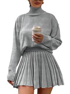Women's 2 Piece Outfits Turtleneck Long Sleeve Oversized Pullover Sweaters and Pleated Mini Skirt Two Piece Se