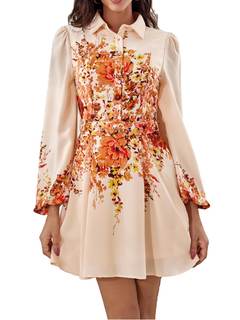 Women's Button Front Floral Collared A Line Short Vocation Dress | Lapel,Belt Waist,Swing,Lightweight,Casual,P