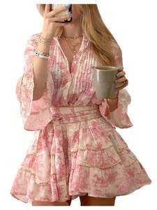 SOLY HUX Women's Floral Mini Dress Boho Flare Dresses | Ruffle,V Neck,3/4 Sleeve,Boho Vacation,Flowy Floral Dr