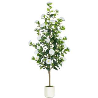 BLOSMON 5ft Artificial Camellia Tree for Outdoor Front Porch Decor, White | With Pot, Easy to Use, Pet Friendl
