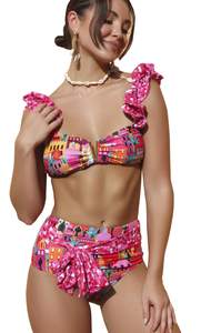 Women High Waisted Swimsuit Flounce Straps Bikini Tie Back Bathing Suit | Removable pads, soft material, fully