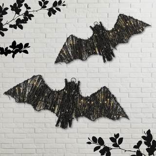Glooglitter 2 Pack Rattan Bats with Hanging Loops Halloween Lights 3D Lit Woven Bats with Timer Remote for Rus