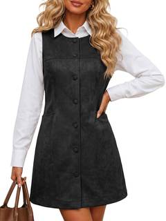 Wenrine Women Faux Suede Pinafore Dress Fall Button Mini Vest Dresses | Side Pockets, Crew Neck, Fitted, Fall 