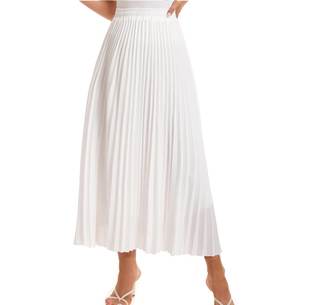 Womens Elastic High Waist Long Pleated Skirt Tiered Boho Swing A line Beach Maxi Skirt Large White