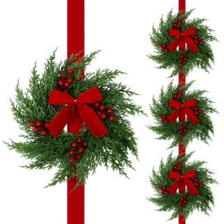 Suncalla Artificial Cedar Christmas Wreath 63" Christmas Three Cedar Wreaths with 3 Red Velvet Bow Ribbon and 