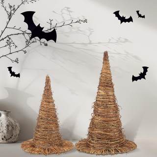 Leinuosen 2 Pcs Halloween Rattan Witch Hat Decor with String Lights Wicker Wizard Hats Woven Witch Hat for Ind