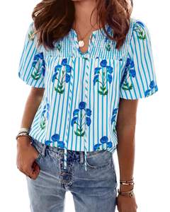 KIRUNDO Boho Tops for Women Summer 2026 Floral Puff Short Sleeve Blouse | Lightweight Breathable Loose Fit Cut