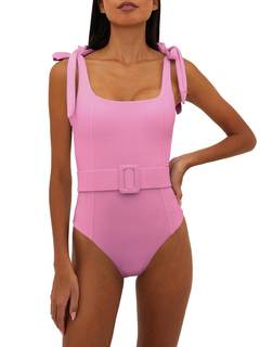 Saodimallsu Womens Sexy One Piece Bathing Suit High Cut Knit Square Neck Tied Strappy Swimsuit with Belt Large