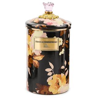 MACKENZIE-CHILDS Enamel Canister, Large, Wild Rose Brown | Hand-applied design, made from enameled steel, vers