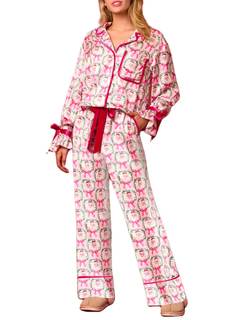 Argeousgor Christmas Pajamas for Women Bow Tie Long Sleeve Shirt Pants Satin Silk Funny Graphic 2 Piece Pjs Se