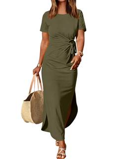 Prinbara Womens Summer Maxi Dress Casual Short Sleeve Tie Waist Split Long Tshirt Dresses 2026 Spring Vacation