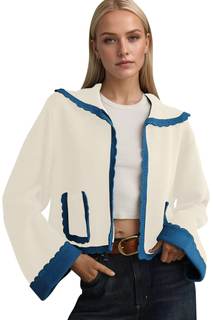 Ythomm Womens Scallop Lapel Collar Knit Cardigan Sweaters Color Block Long Bell Sleeve Open Front Fall Sweater