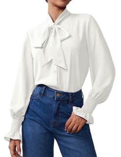 Neweek Chiffon Blouses for Women Bow Tie Neck Long Sleeve Dressy Casual Smocked Cuffed Shirts Office Work Blou