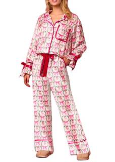 Argeousgor Women 2 Piece Satin Pajamas Set Bow Tie Long Sleeve Button Shirts Silk Pants Cute Pjs Sets Sleepwea