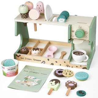 Wooden Ice Cream Toy, 3-in-1 Ice Cream Counter with Coffee Maker 28 PCS Toddler Pretend Play Kitchen Accessori
