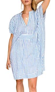 chouyatou Womens Summer Loose Stripe Beach Dress Cover Ups Casual Batwing Sleeve Midi Tunic Shirt Dress