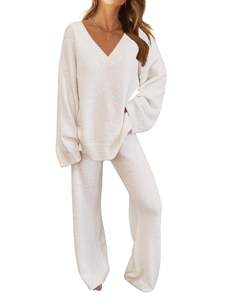 MEROKEETY Women's Fall Fleece 2 Piece Outfits Pajama Lounge Sets | Long Sleeve, V Neck, Comfy Sweater Sets, Fl