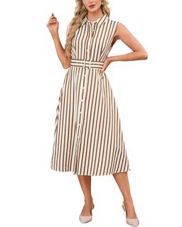 Women's Sleeveless Striped Shirt Dress with Belt Casual Button Down Midi A-Line 2026 Summer Beach Dress Brown 