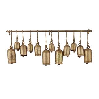 Deco 79 Metal Decorative Cow Bells Tibetan Inspired with 12 Bells on Jute Hanging Ropes and Rod, 48" x 6" x 20