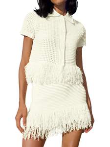 Fisoew Womens 2 Piece Outfits Crochet Short Sleeve Button Knit Sweater Tops and Fringe Skirt Vacation Sets Whi