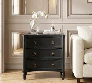 HULALA HOME 3 Drawer End Table with Charging Station, 26" Wide Endtable with Solid Wood Legs and Curved Profil