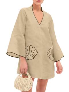 Women Shell Embroidery Beach Cover Up Mini Dress V Neck 3/4 Bell Sleeves Loose Fit Babydoll Skirts for Summer 
