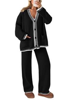 PRETTYGARDEN Women's Fall 2 Piece Knit Sweater Lounge Set | V Neck Button Down Cardigan, Wide Leg Pants, Comfy