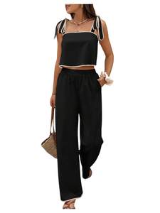 SOLY HUX Women's 2 Piece Set Tie Shoulder Crop Top and Pants | Summer Vacation Sets,Travel Outfits,Tie Top and