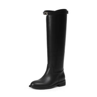 iiimmu Riding Boots for Women Silver Buckle Women's Knee High Boots Round Toe Faux Leather Motorcycle Style 7.