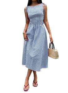 Acelitt Womens Gingham Dress Flowy Maxi Beach Sun Dresses | Cotton, Smocked Waist A Line, Long, Sleeveless, Ad