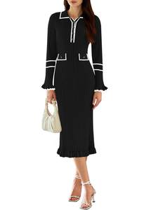 Pink Queen Women's V Neck Bodycon Sweater Dress 2026 Long Sleeve Half Button Slim Fitted Ruffle Ribbed Knit Ma