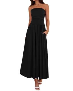BTFBM Summer Maxi Dresses for Women Strapless Tube Top Dress | Sleeveless Ruched A Line Dresses Pockets, 2026 