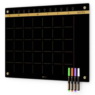 Black Glass Golden Monthly Dry Erase Calendar Whiteboard for Wall, 17" x 23", Frameless Large Planner White Bo