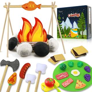 45 PCS Pretend Play Campfire Toy for Kids, Toddler Camping Toys Play Set Felt Campfire Playset with Pretend Cu