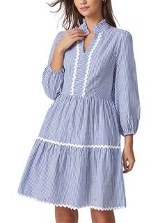 D-Sun Women 3/4 Long Sleeve Mini Dress Striped V-Neck Holiday Dress with Pockets Cotton Casual A-Line Tunic Su